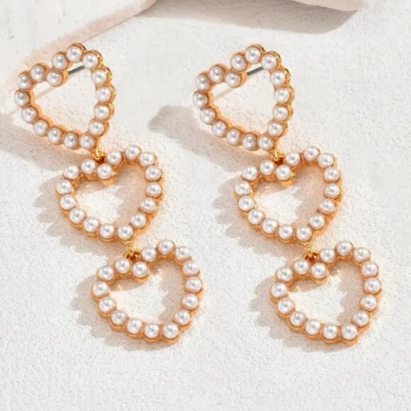 Heart Shaped Faux Pearl Drop Earrings - Gold Plated - Picture 2 of 3